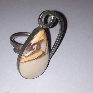 Adjustable silver plated cream and brown stone ring